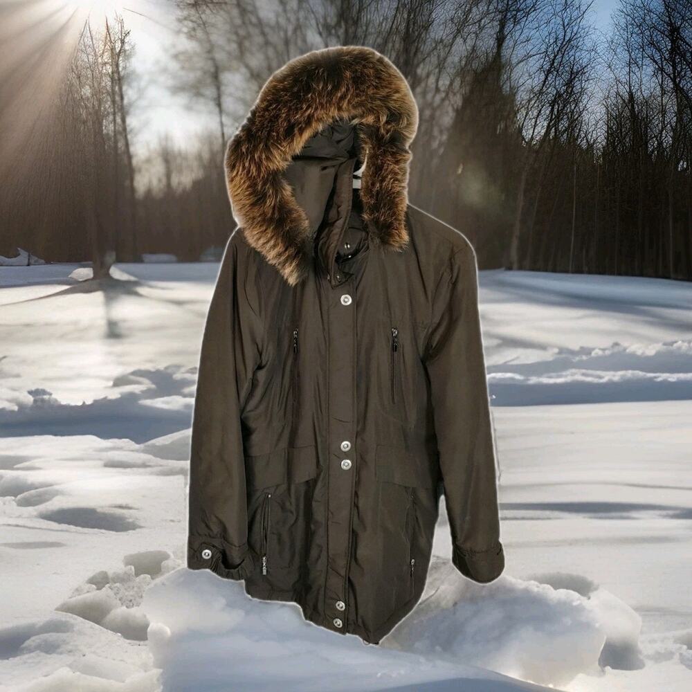 Sachi Collection Winter Parka Jacket Womens Large Brown Faux Fur Coat Long EUC
